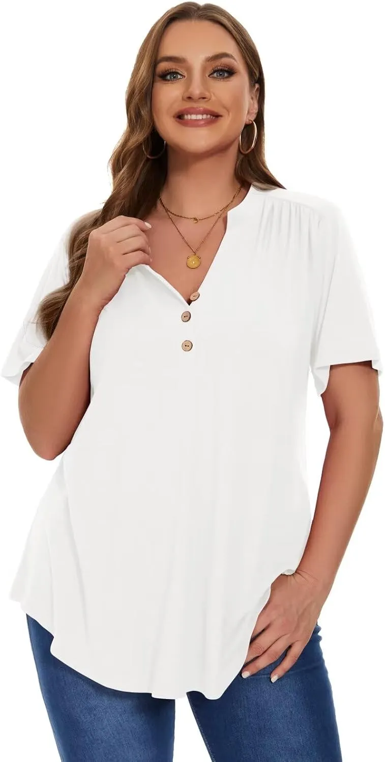 MONNURO Womens Plus Size Tops Short Sleeve Henley Button Down T Shirts Blouses