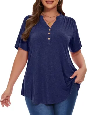 MONNURO Womens Plus Size Tops Short Sleeve Henley Button Down T Shirts Blouses