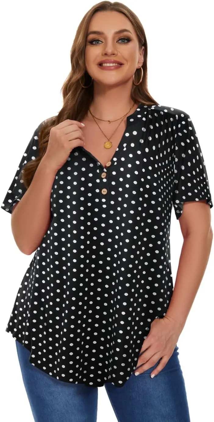 MONNURO Womens Plus Size Tops Short Sleeve Henley Button Down T Shirts Blouses