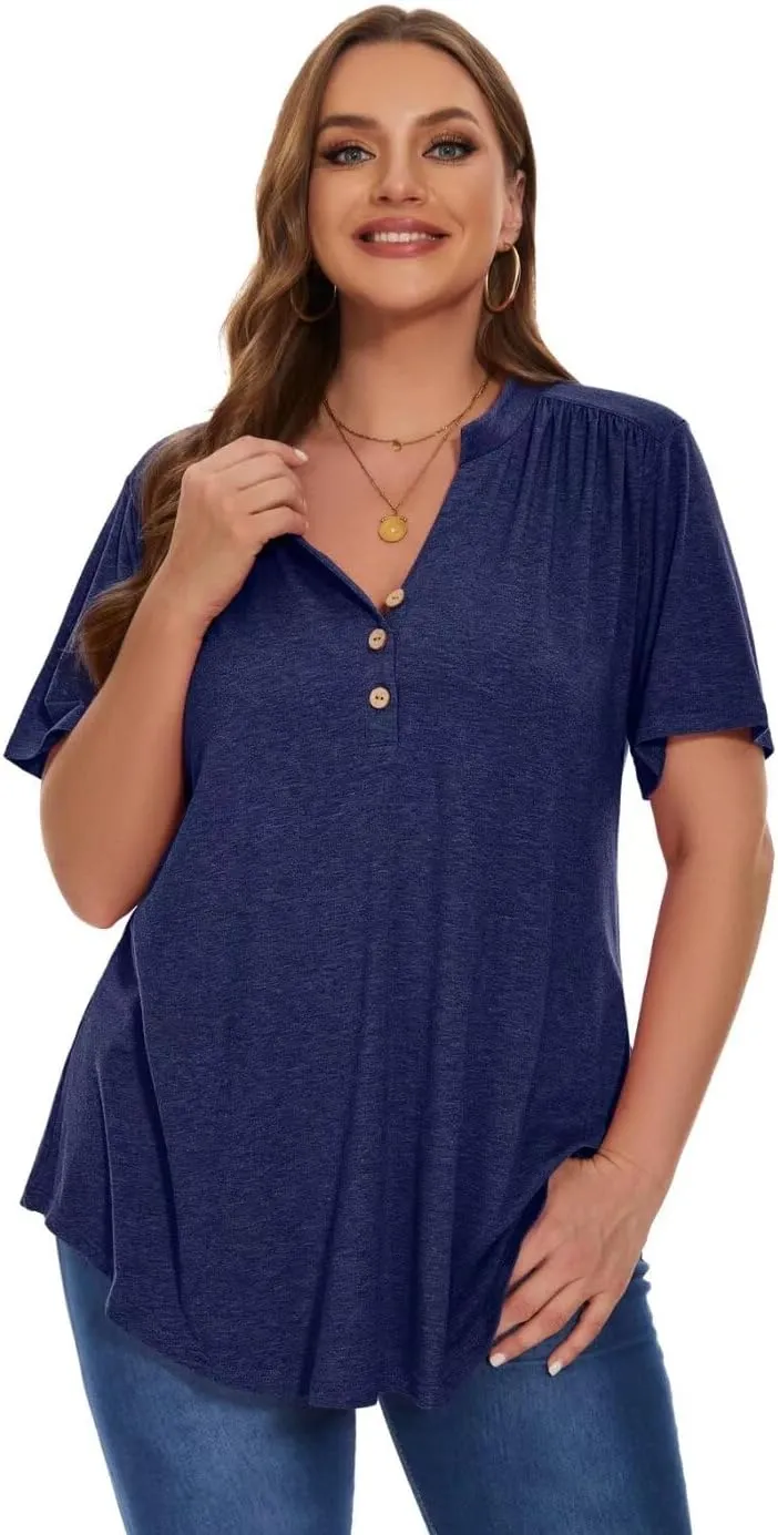 MONNURO Womens Plus Size Tops Short Sleeve Henley Button Down T Shirts Blouses