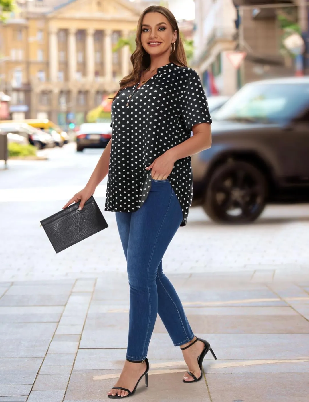 MONNURO Womens Plus Size Tops Short Sleeve Henley Button Down T Shirts Blouses