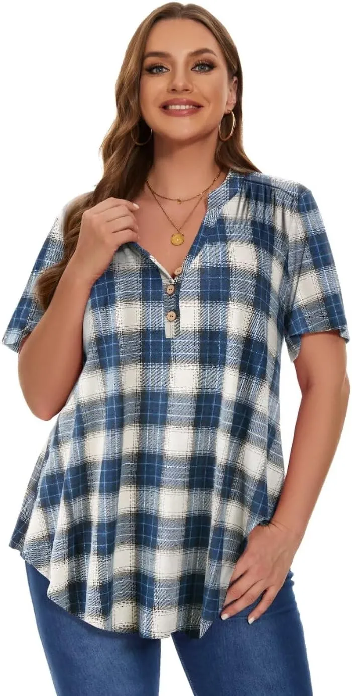 MONNURO Womens Plus Size Tops Short Sleeve Henley Button Down T Shirts Blouses