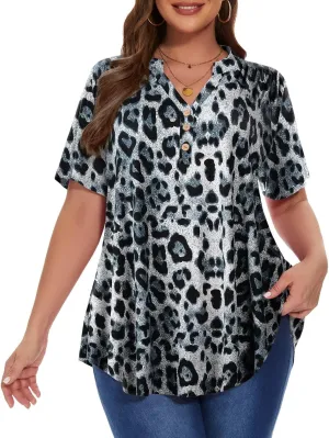 MONNURO Womens Plus Size Tops Short Sleeve Henley Button Down T Shirts Blouses