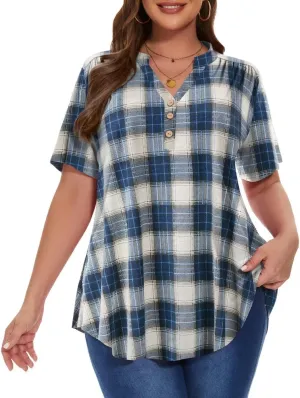 MONNURO Womens Plus Size Tops Short Sleeve Henley Button Down T Shirts Blouses
