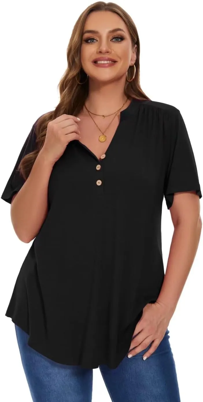 MONNURO Womens Plus Size Tops Short Sleeve Henley Button Down T Shirts Blouses