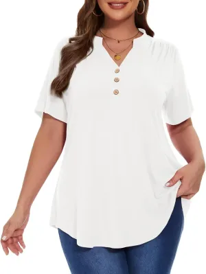 MONNURO Womens Plus Size Tops Short Sleeve Henley Button Down T Shirts Blouses