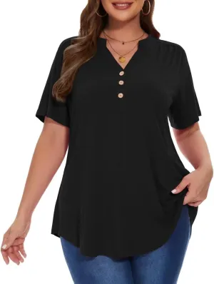 MONNURO Womens Plus Size Tops Short Sleeve Henley Button Down T Shirts Blouses