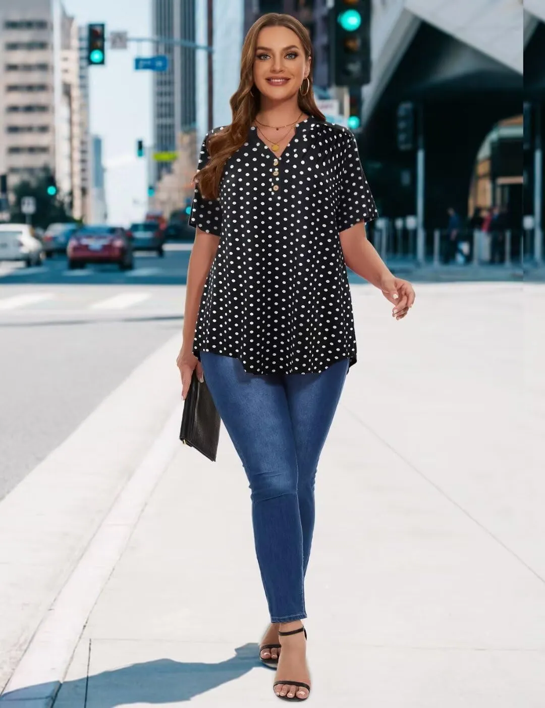 MONNURO Womens Plus Size Tops Short Sleeve Henley Button Down T Shirts Blouses