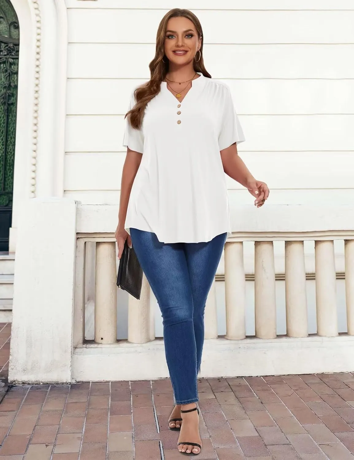 MONNURO Womens Plus Size Tops Short Sleeve Henley Button Down T Shirts Blouses