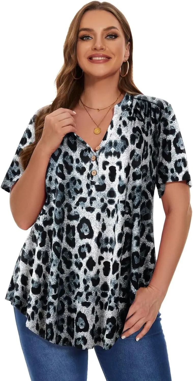 MONNURO Womens Plus Size Tops Short Sleeve Henley Button Down T Shirts Blouses
