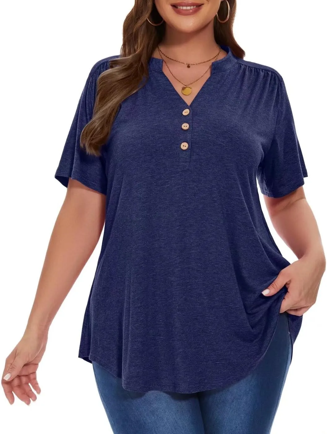MONNURO Womens Plus Size Tops Short Sleeve Henley Button Down T Shirts Blouses