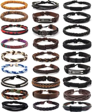 MOZAKA 27Pcs Braided Leather Bracelets for Men Women Ethnic Tribal Bracelets Leather Bracelets Wristband Woven Cuff Wrap Friendship Bracelets Adjustable