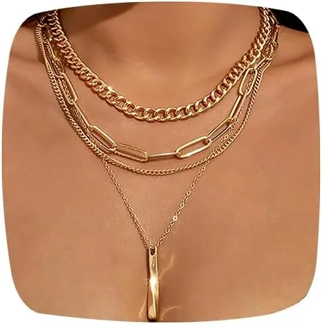MUAYOUAUM Bar Necklaces for Women Gold Layered Choker Necklaces for Men Link Chain Necklaces