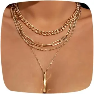 MUAYOUAUM Bar Necklaces for Women Gold Layered Choker Necklaces for Men Link Chain Necklaces