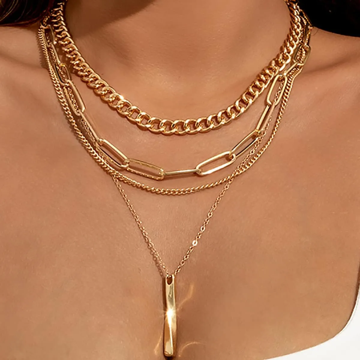 MUAYOUAUM Bar Necklaces for Women Gold Layered Choker Necklaces for Men Link Chain Necklaces