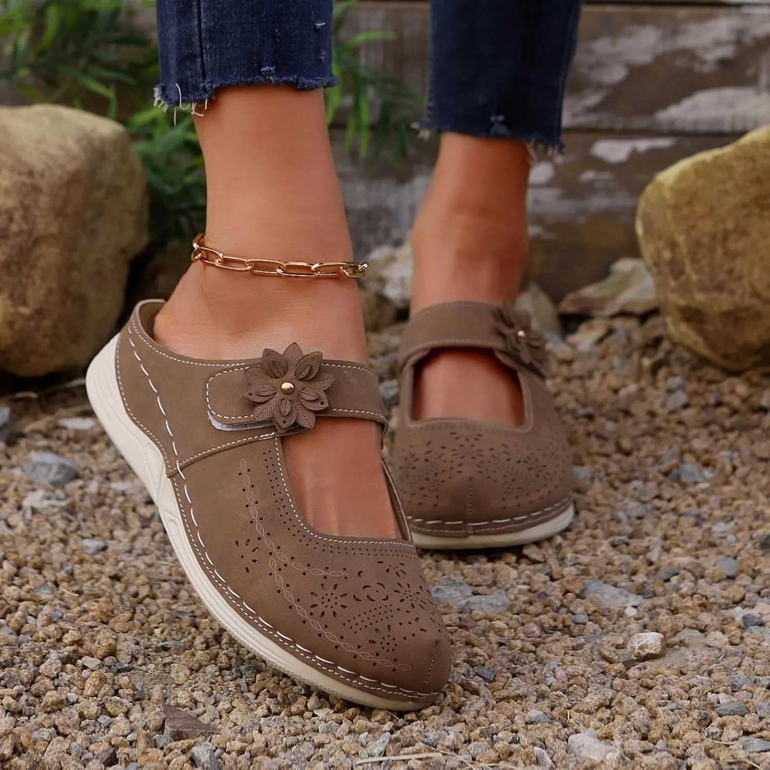 Mules for Women Dressy Summer Closed Toe Sandals Casual Hollow Out Slip On Wedge Slippers Elegant Flower Decor Clogs Womens Walking Shoes for All Occasions: Casual, Work, Party