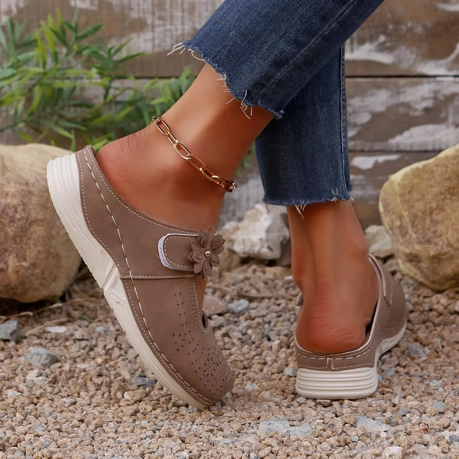 Mules for Women Dressy Summer Closed Toe Sandals Casual Hollow Out Slip On Wedge Slippers Elegant Flower Decor Clogs Womens Walking Shoes for All Occasions: Casual, Work, Party