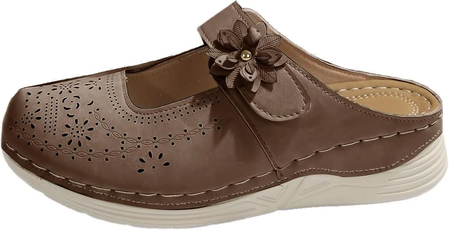 Mules for Women Dressy Summer Closed Toe Sandals Casual Hollow Out Slip On Wedge Slippers Elegant Flower Decor Clogs Womens Walking Shoes for All Occasions: Casual, Work, Party