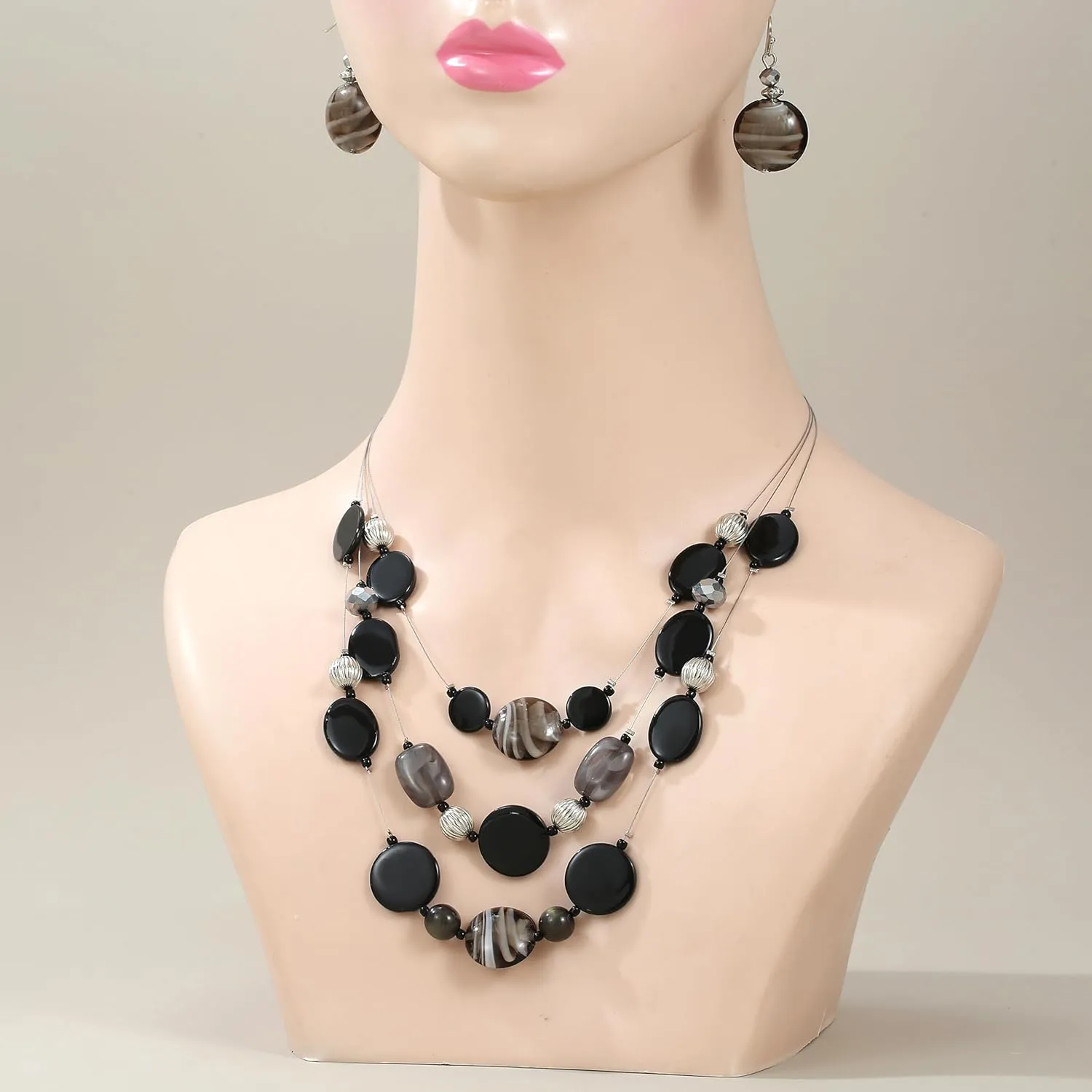Multi Layered Beaded Necklaces for Women Murano Glass Statement Necklace and Earrings Set Shell Costume Jewelry Handmade Boho Necklaces and Dainty Glass Flower Earrings for Women Jewelry Gift