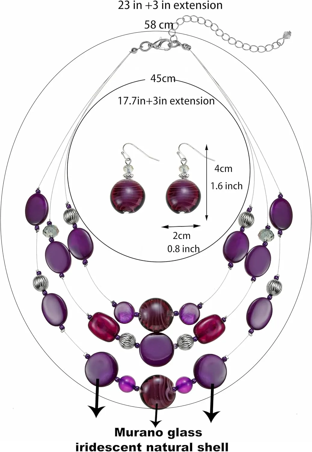 Multi Layered Beaded Necklaces for Women Murano Glass Statement Necklace and Earrings Set Shell Costume Jewelry Handmade Boho Necklaces and Dainty Glass Flower Earrings for Women Jewelry Gift