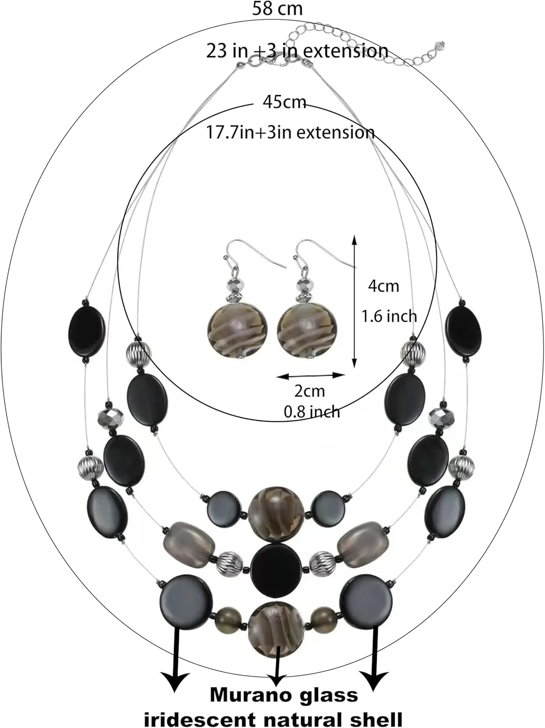 Multi Layered Beaded Necklaces for Women Murano Glass Statement Necklace and Earrings Set Shell Costume Jewelry Handmade Boho Necklaces and Dainty Glass Flower Earrings for Women Jewelry Gift