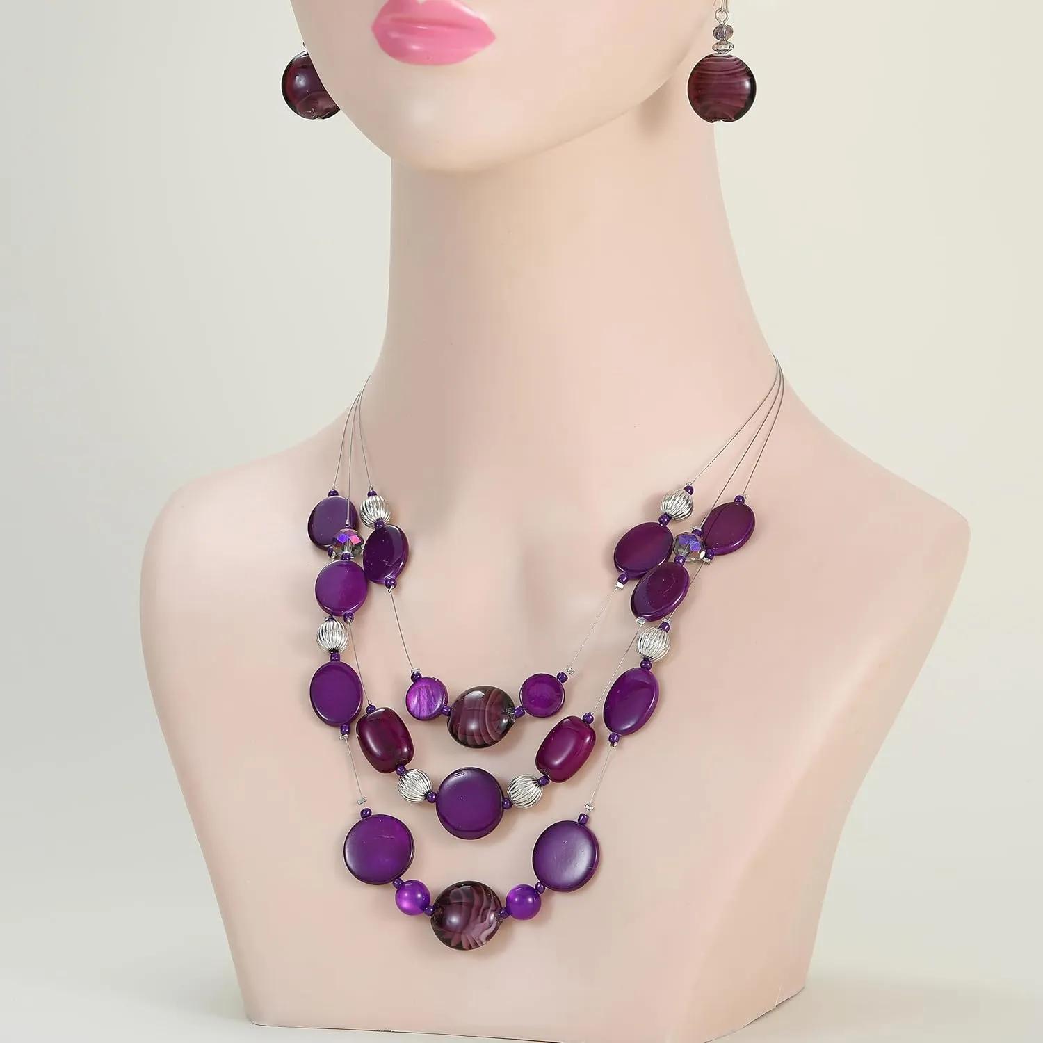 Multi Layered Beaded Necklaces for Women Murano Glass Statement Necklace and Earrings Set Shell Costume Jewelry Handmade Boho Necklaces and Dainty Glass Flower Earrings for Women Jewelry Gift