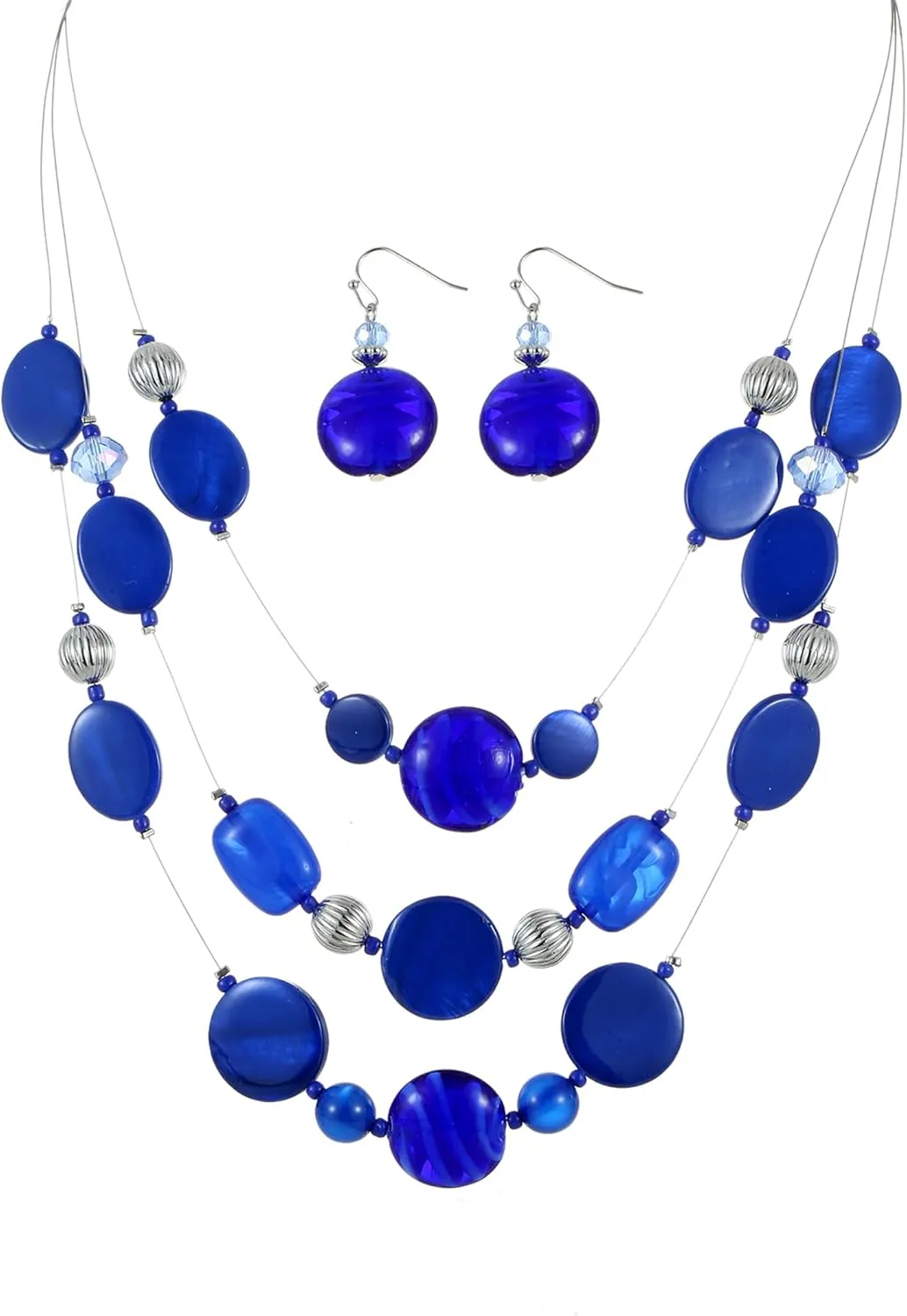 Multi Layered Beaded Necklaces for Women Murano Glass Statement Necklace and Earrings Set Shell Costume Jewelry Handmade Boho Necklaces and Dainty Glass Flower Earrings for Women Jewelry Gift