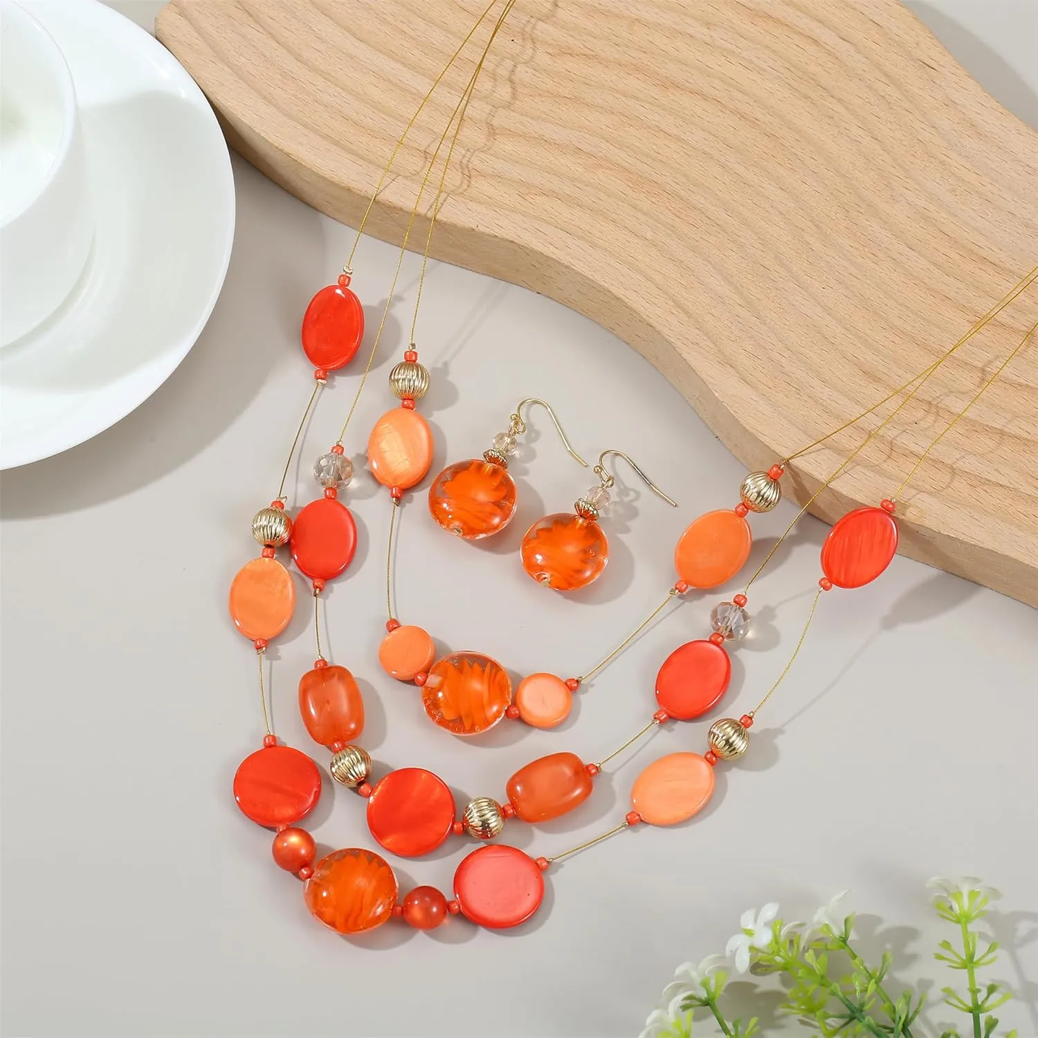 Multi Layered Beaded Necklaces for Women Murano Glass Statement Necklace and Earrings Set Shell Costume Jewelry Handmade Boho Necklaces and Dainty Glass Flower Earrings for Women Jewelry Gift