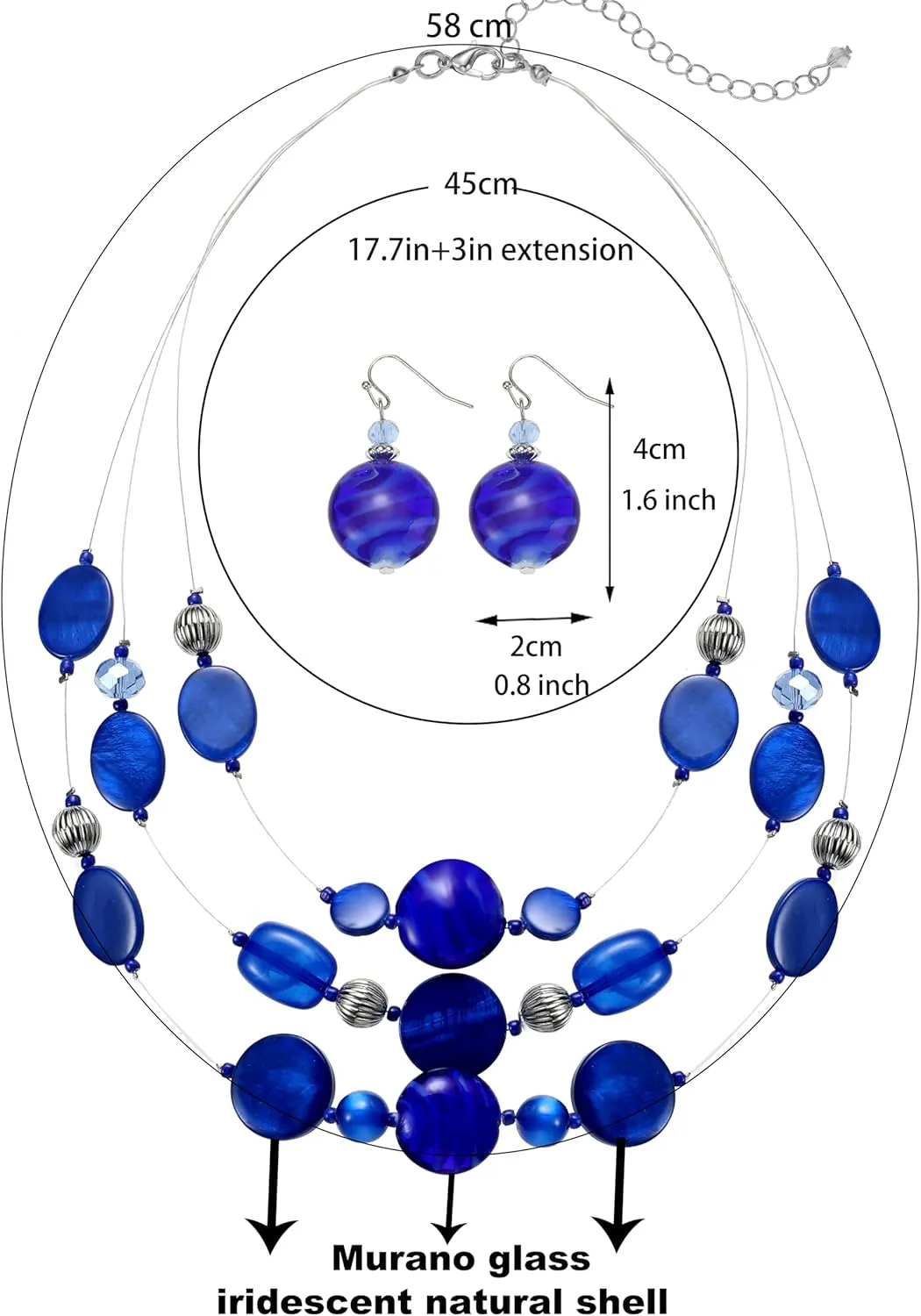 Multi Layered Beaded Necklaces for Women Murano Glass Statement Necklace and Earrings Set Shell Costume Jewelry Handmade Boho Necklaces and Dainty Glass Flower Earrings for Women Jewelry Gift