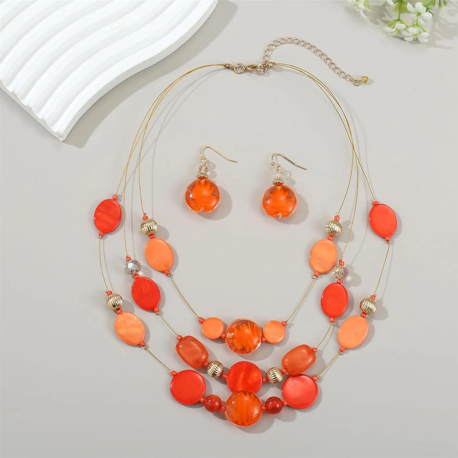 Multi Layered Beaded Necklaces for Women Murano Glass Statement Necklace and Earrings Set Shell Costume Jewelry Handmade Boho Necklaces and Dainty Glass Flower Earrings for Women Jewelry Gift