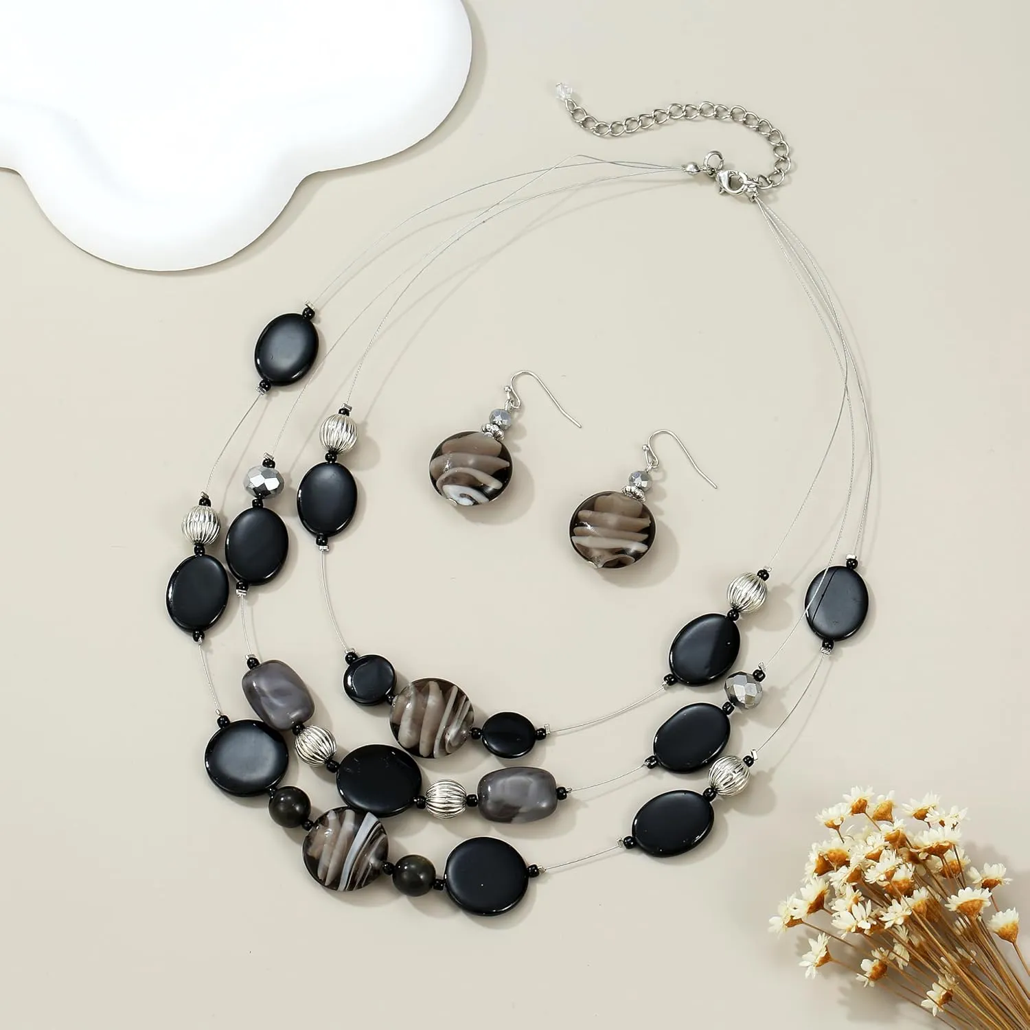 Multi Layered Beaded Necklaces for Women Murano Glass Statement Necklace and Earrings Set Shell Costume Jewelry Handmade Boho Necklaces and Dainty Glass Flower Earrings for Women Jewelry Gift