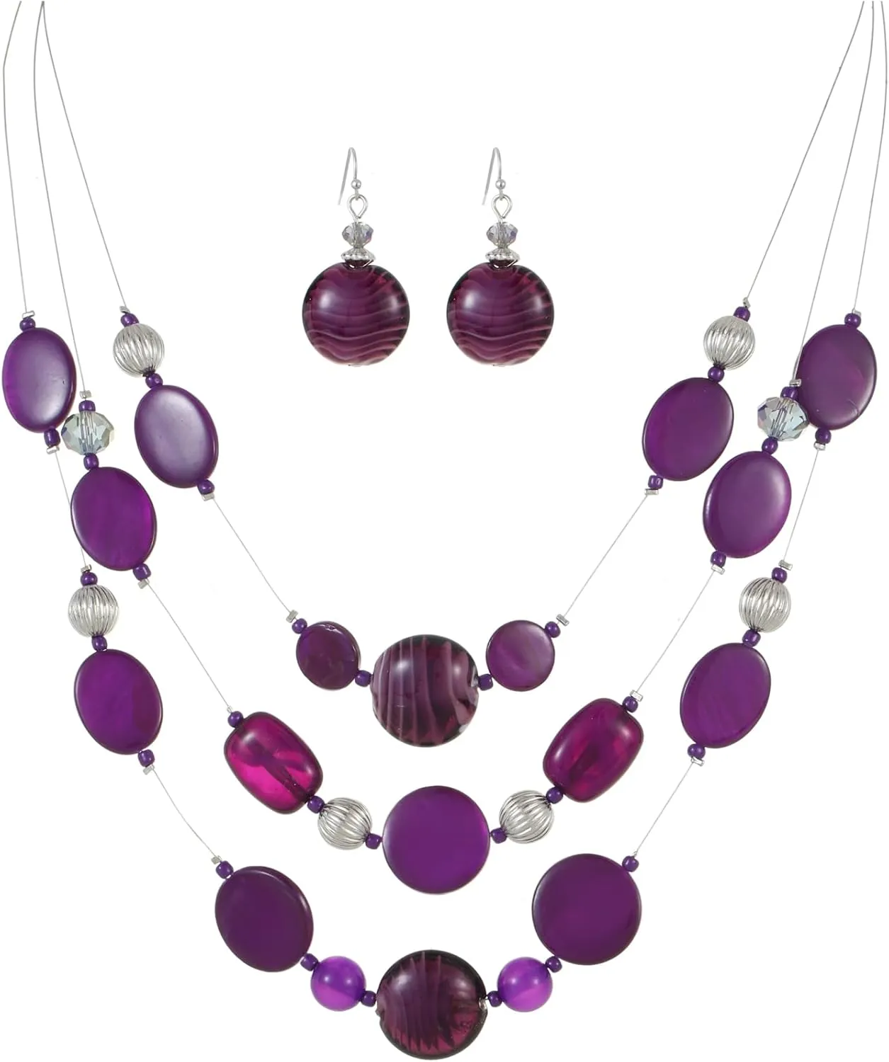 Multi Layered Beaded Necklaces for Women Murano Glass Statement Necklace and Earrings Set Shell Costume Jewelry Handmade Boho Necklaces and Dainty Glass Flower Earrings for Women Jewelry Gift
