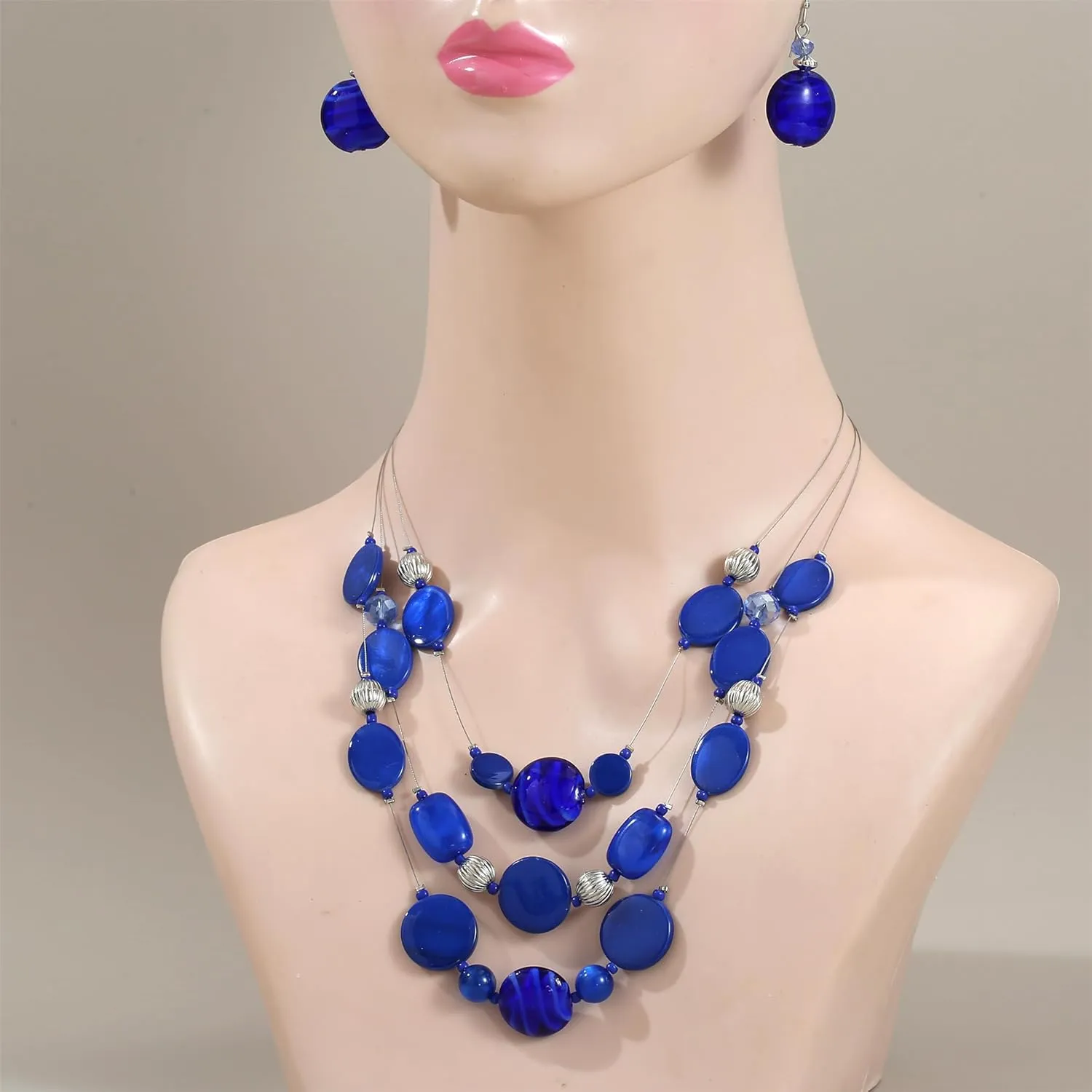 Multi Layered Beaded Necklaces for Women Murano Glass Statement Necklace and Earrings Set Shell Costume Jewelry Handmade Boho Necklaces and Dainty Glass Flower Earrings for Women Jewelry Gift