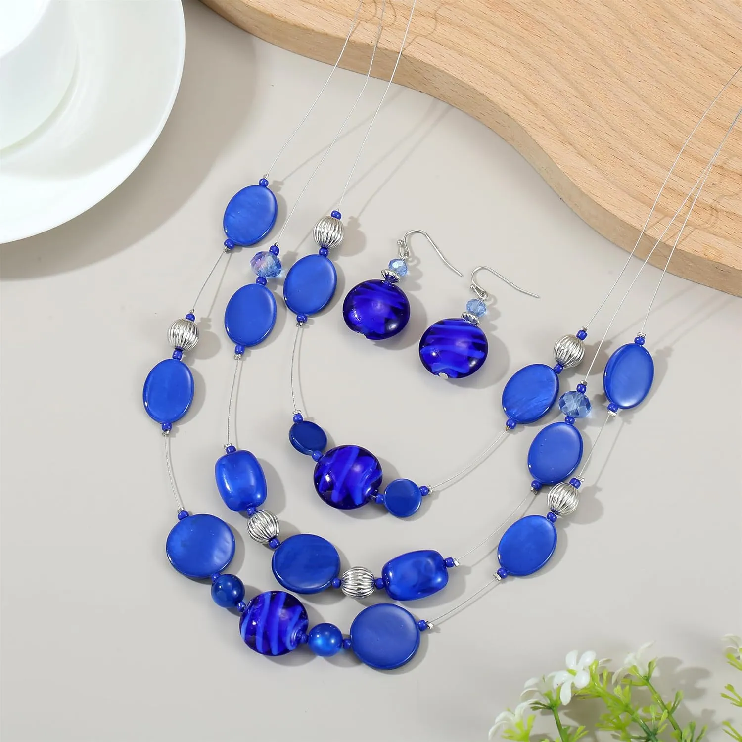 Multi Layered Beaded Necklaces for Women Murano Glass Statement Necklace and Earrings Set Shell Costume Jewelry Handmade Boho Necklaces and Dainty Glass Flower Earrings for Women Jewelry Gift