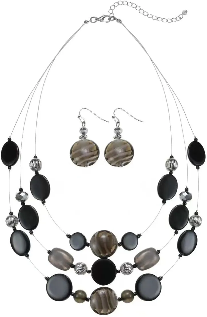 Multi Layered Beaded Necklaces for Women Murano Glass Statement Necklace and Earrings Set Shell Costume Jewelry Handmade Boho Necklaces and Dainty Glass Flower Earrings for Women Jewelry Gift