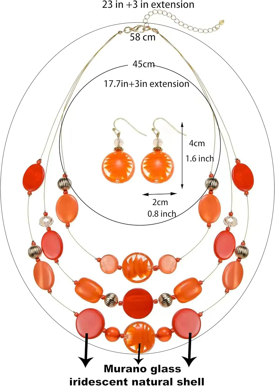 Multi Layered Beaded Necklaces for Women Murano Glass Statement Necklace and Earrings Set Shell Costume Jewelry Handmade Boho Necklaces and Dainty Glass Flower Earrings for Women Jewelry Gift