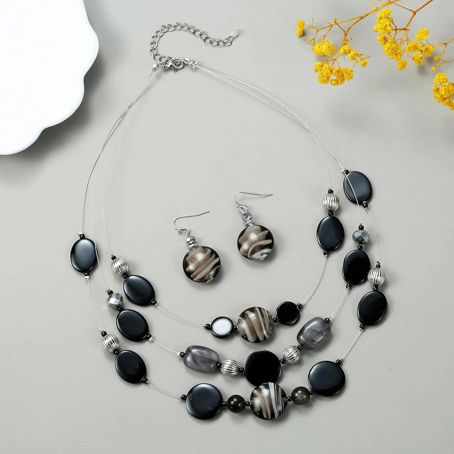 Multi Layered Beaded Necklaces for Women Murano Glass Statement Necklace and Earrings Set Shell Costume Jewelry Handmade Boho Necklaces and Dainty Glass Flower Earrings for Women Jewelry Gift