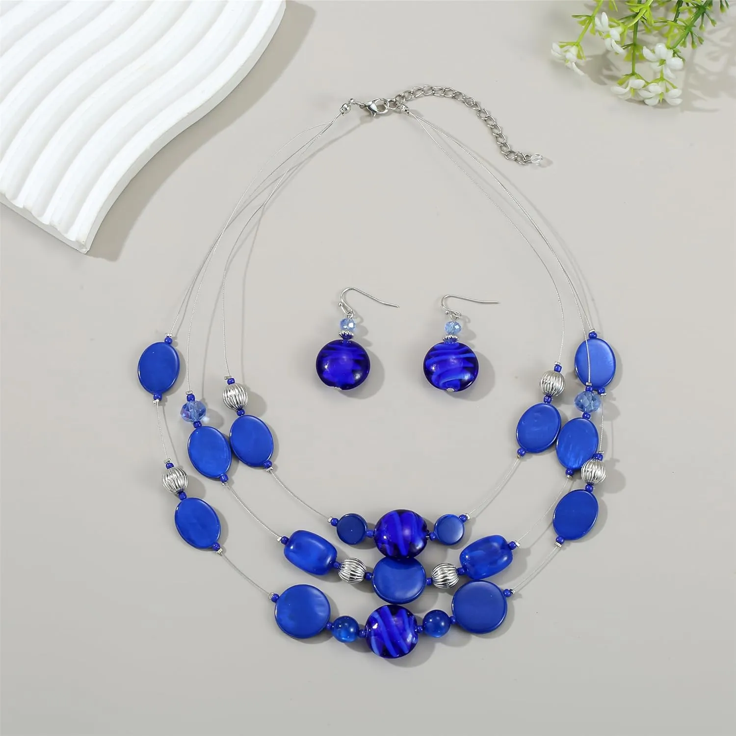 Multi Layered Beaded Necklaces for Women Murano Glass Statement Necklace and Earrings Set Shell Costume Jewelry Handmade Boho Necklaces and Dainty Glass Flower Earrings for Women Jewelry Gift