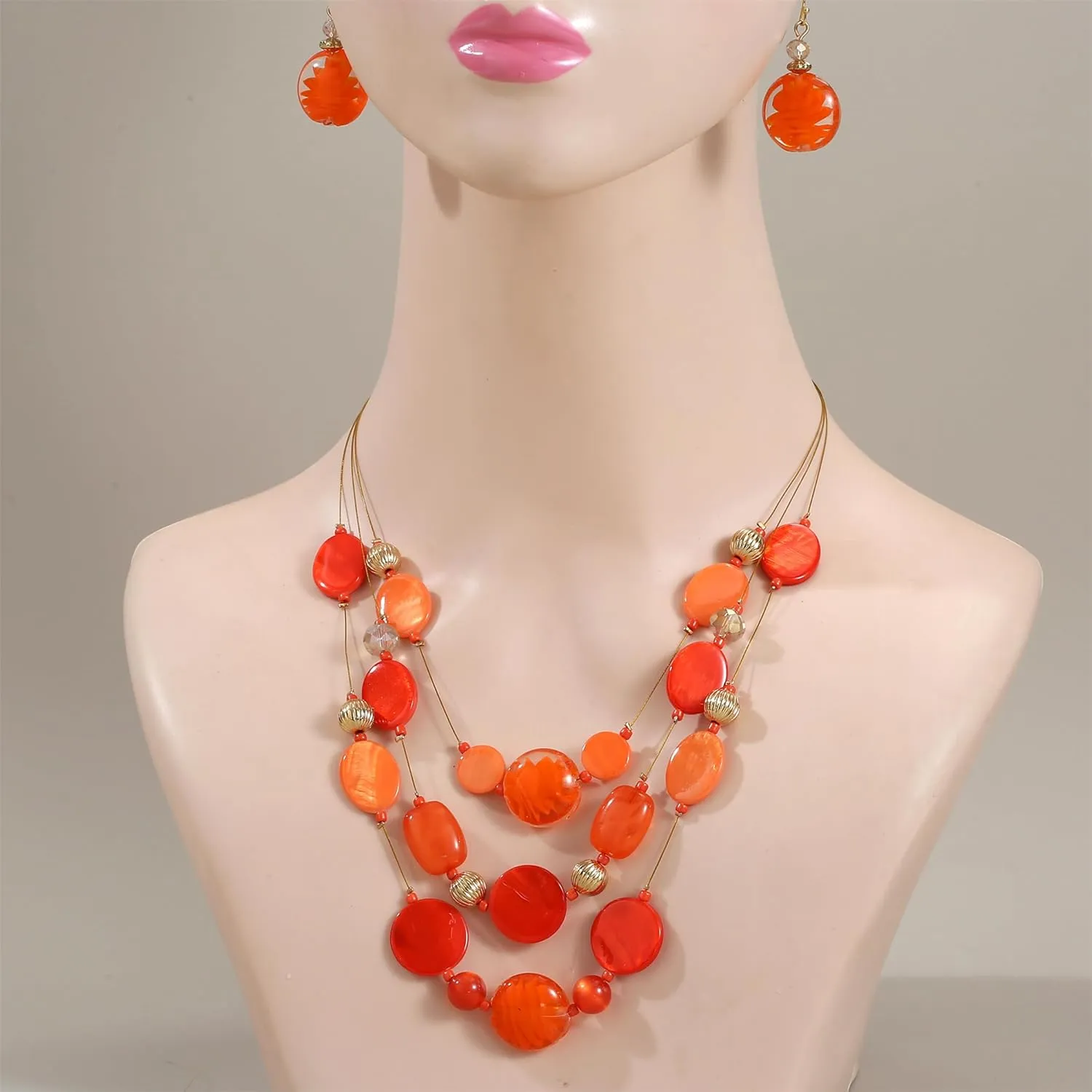 Multi Layered Beaded Necklaces for Women Murano Glass Statement Necklace and Earrings Set Shell Costume Jewelry Handmade Boho Necklaces and Dainty Glass Flower Earrings for Women Jewelry Gift