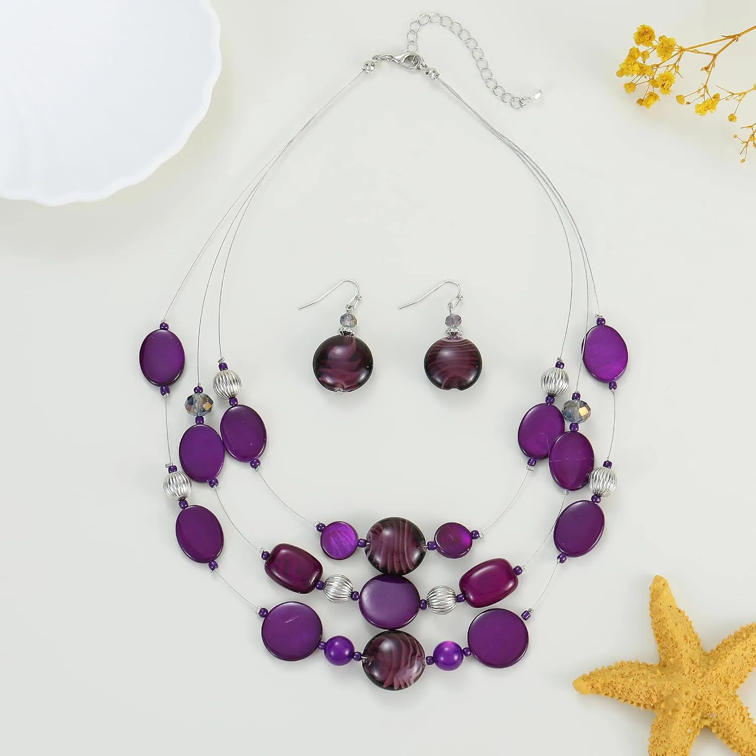 Multi Layered Beaded Necklaces for Women Murano Glass Statement Necklace and Earrings Set Shell Costume Jewelry Handmade Boho Necklaces and Dainty Glass Flower Earrings for Women Jewelry Gift