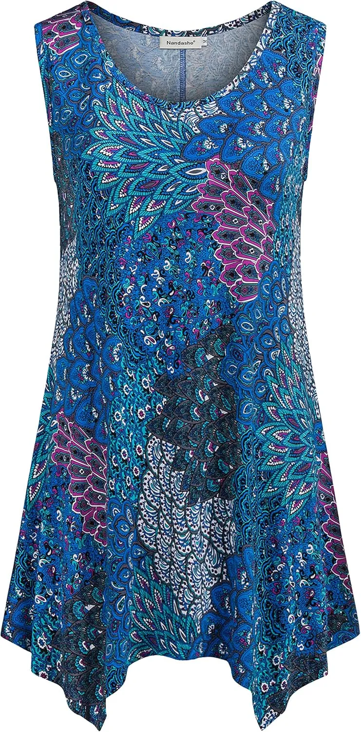 Nandashe Womens Summer Floral Tunic Tank Tops Casual Loose Sleeveless Dressy Blouses