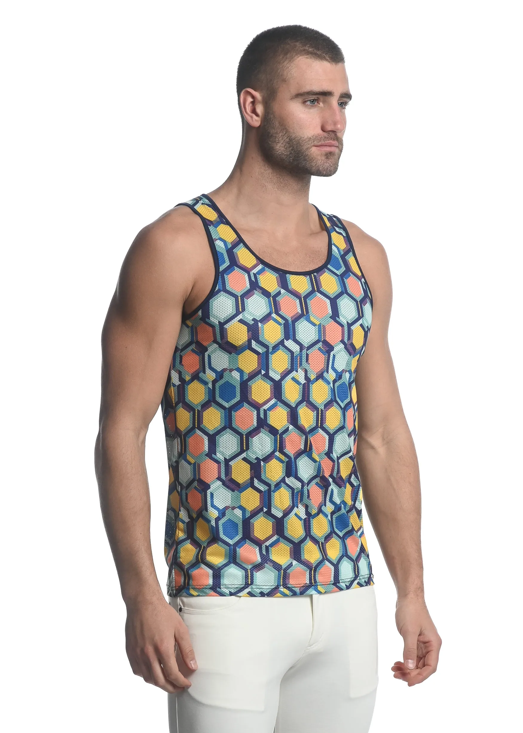 NAVY/ YELLOW HONEYCOMB PRINTED STRETCH MESH SINGLET ST-11080