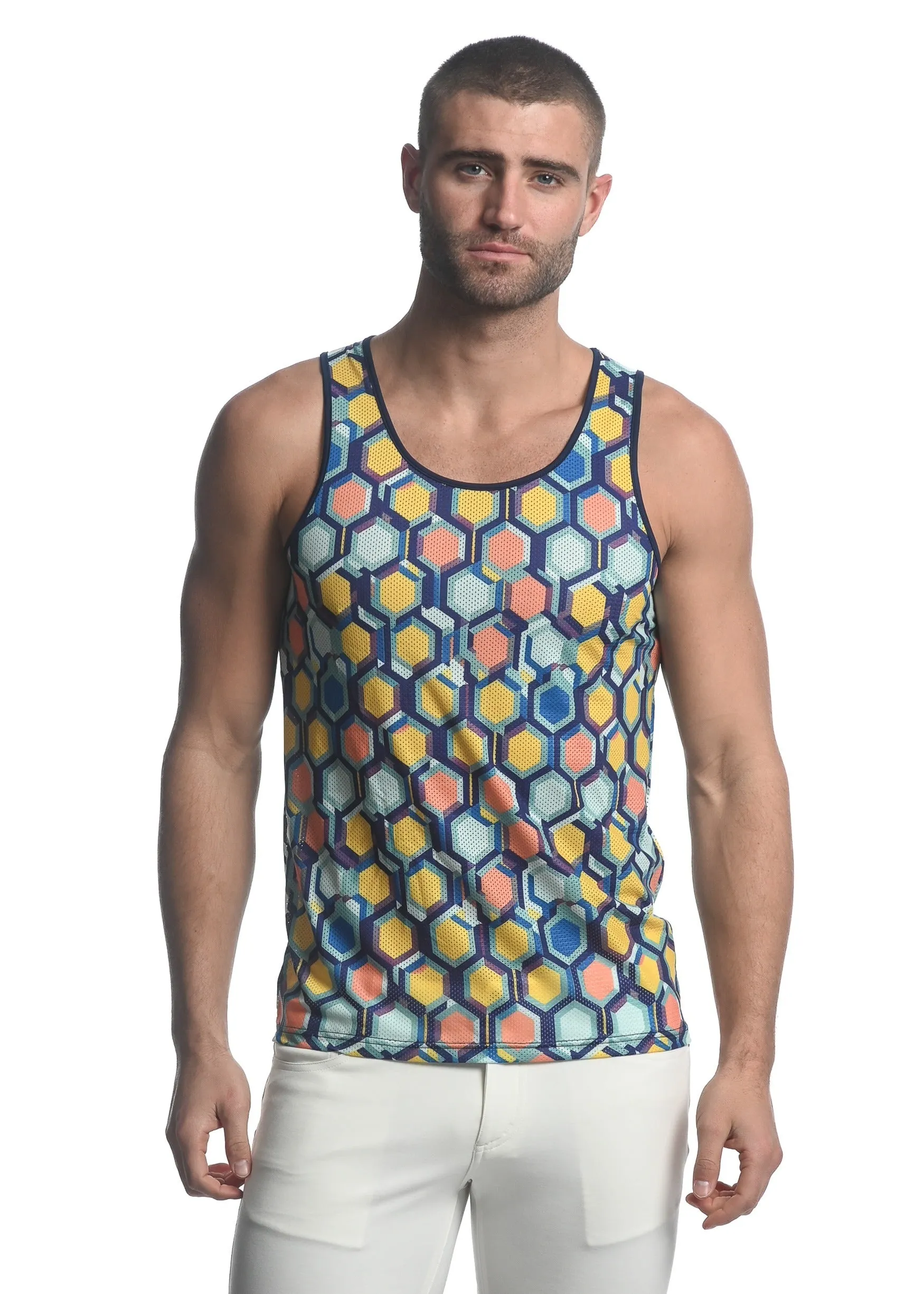 NAVY/ YELLOW HONEYCOMB PRINTED STRETCH MESH SINGLET ST-11080