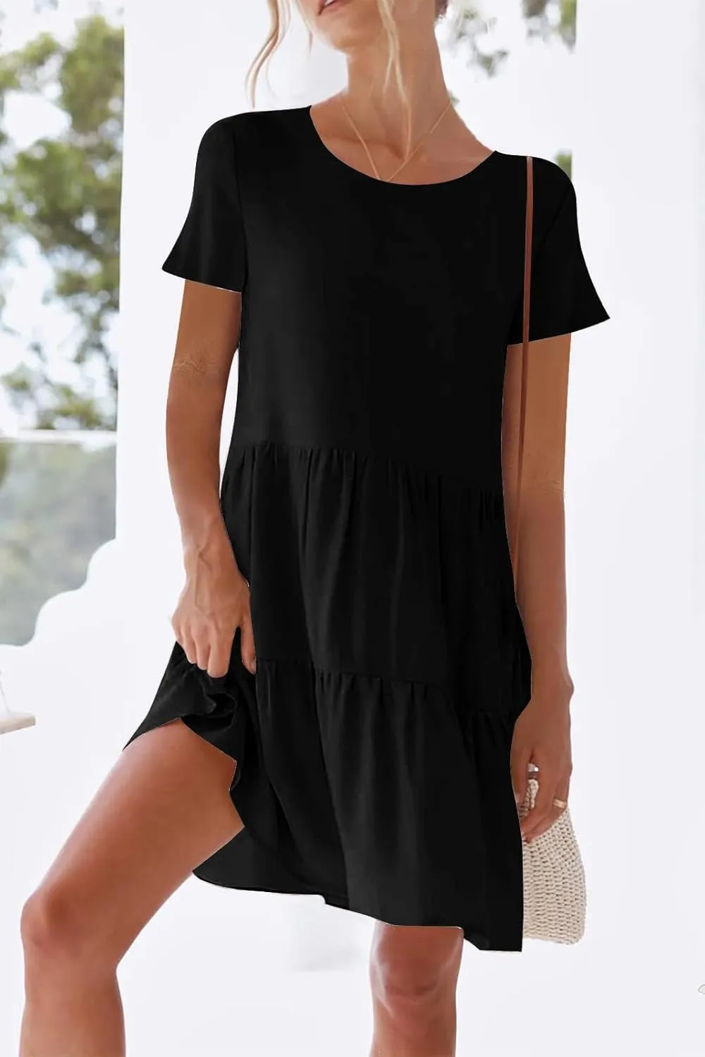 nclook Womens 2025 Summer Casual Dress Crew-Neck Short Sleeve Mini Dress with Pockets