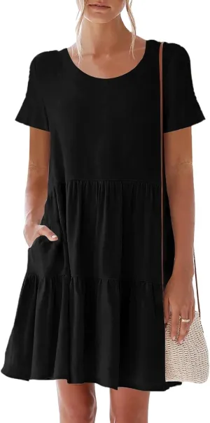 nclook Womens 2025 Summer Casual Dress Crew-Neck Short Sleeve Mini Dress with Pockets