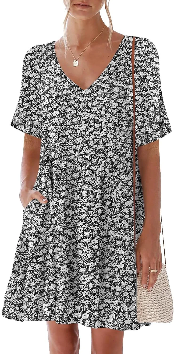 nclook Womens 2025 Summer Casual Dress V Neck Short Sleevele Mini Dress with Pockets