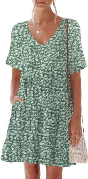 nclook Womens 2025 Summer Casual Dress V Neck Short Sleevele Mini Dress with Pockets