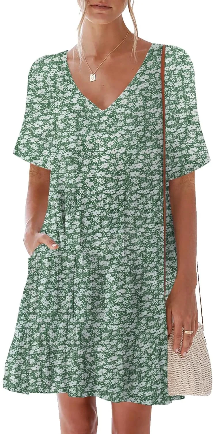 nclook Womens 2025 Summer Casual Dress V Neck Short Sleevele Mini Dress with Pockets