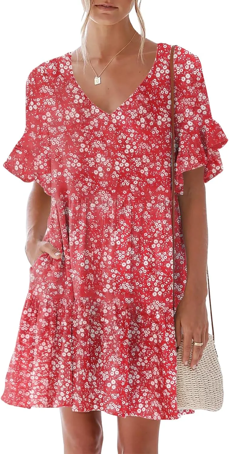 nclook Womens Summer Casual Dress Sweet Cute V Neck Mini Dress with Pocket