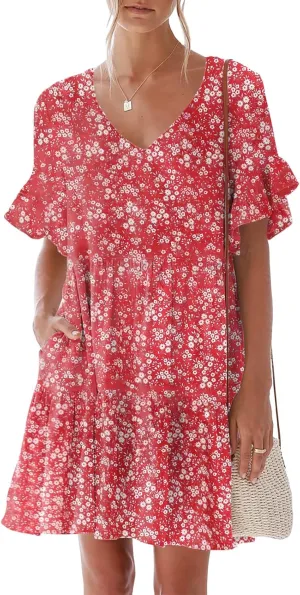 nclook Womens Summer Casual Dress Sweet Cute V Neck Mini Dress with Pocket